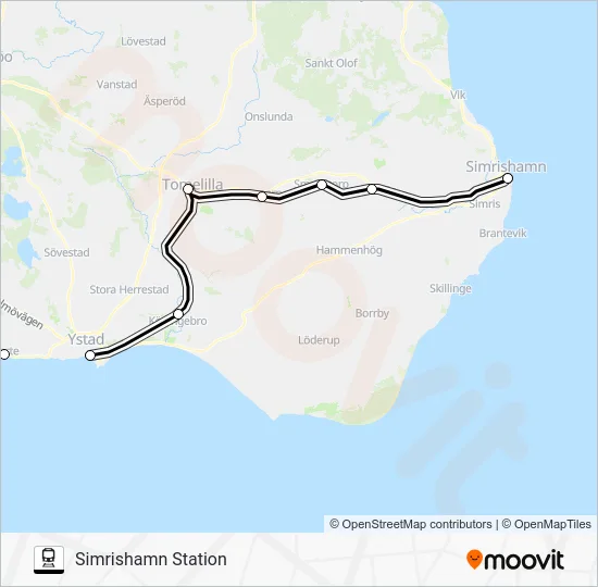 MALMÖ CENTRALSTATION - SIMRISHAMN STATION tåg Linje karta