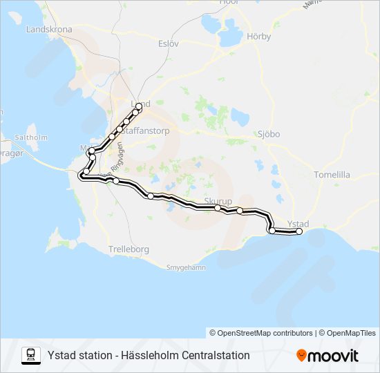 YSTAD STATION - HÄSSLEHOLM CENTRALSTATION train Line Map