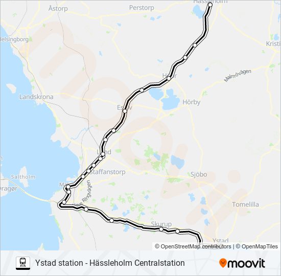 YSTAD STATION - HÄSSLEHOLM CENTRALSTATION tåg Linje karta