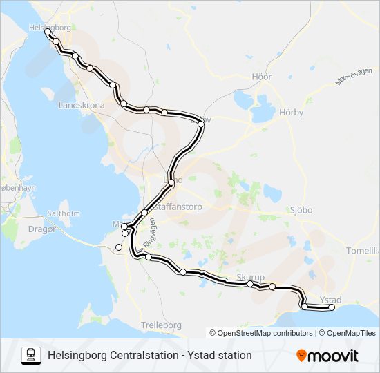 HELSINGBORG CENTRALSTATION - YSTAD STATION train Line Map