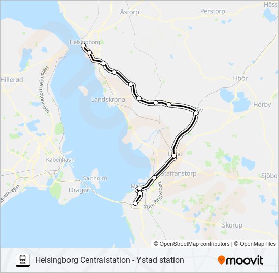 HELSINGBORG CENTRALSTATION - YSTAD STATION train Line Map