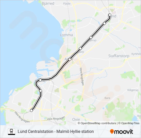 LUND CENTRALSTATION - MALMÖ HYLLIE STATION tåg Linje karta
