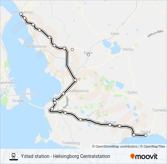 YSTAD STATION - HELSINGBORG CENTRALSTATION train Line Map