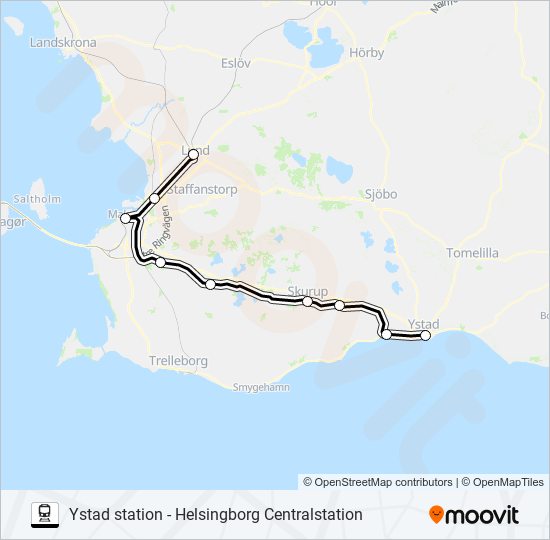 YSTAD STATION - HELSINGBORG CENTRALSTATION tåg Linje karta