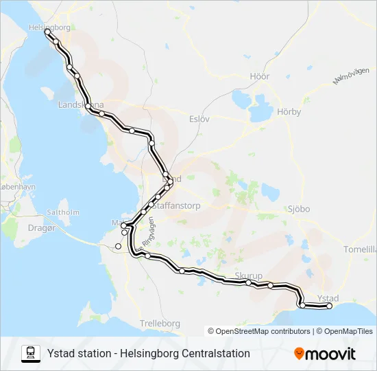 YSTAD STATION - HELSINGBORG CENTRALSTATION Train Line Map