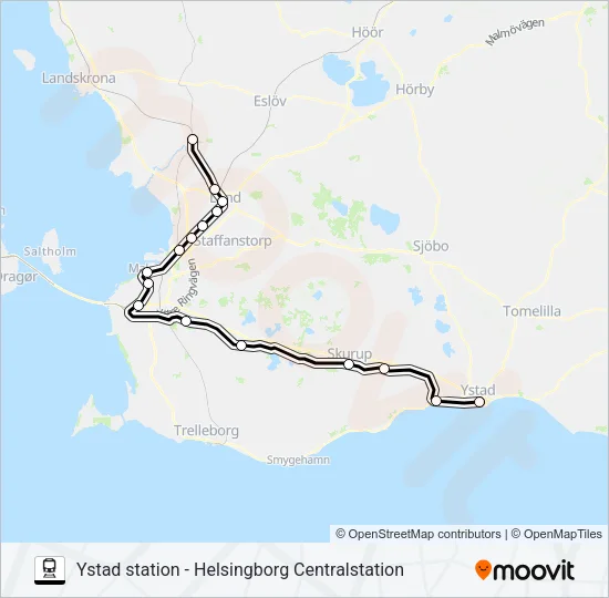 YSTAD STATION - HELSINGBORG CENTRALSTATION Train Line Map