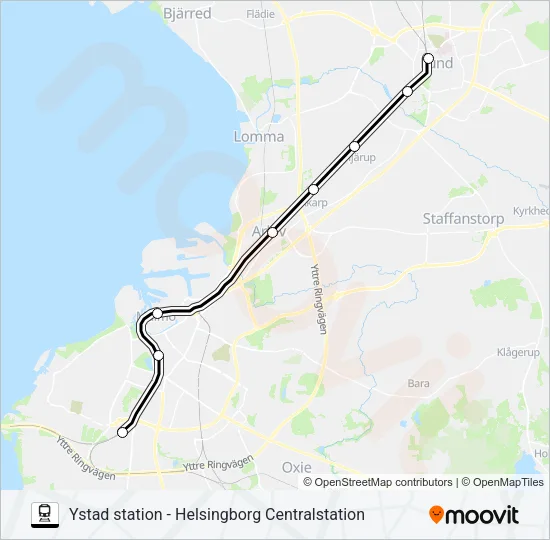 YSTAD STATION - HELSINGBORG CENTRALSTATION Train Line Map