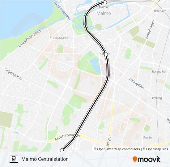 MALMÖ HYLLIE STATION - MALMÖ CENTRALSTATION tåg Linje karta