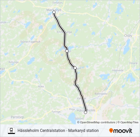 HÄSSLEHOLM CENTRALSTATION - MARKARYD STATION tåg Linje karta