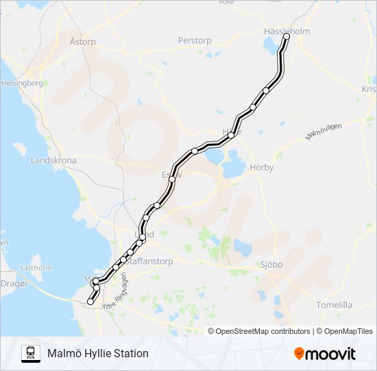 HÄSSLEHOLM CENTRALSTATION - MALMÖ HYLLIE STATION tåg Linje karta
