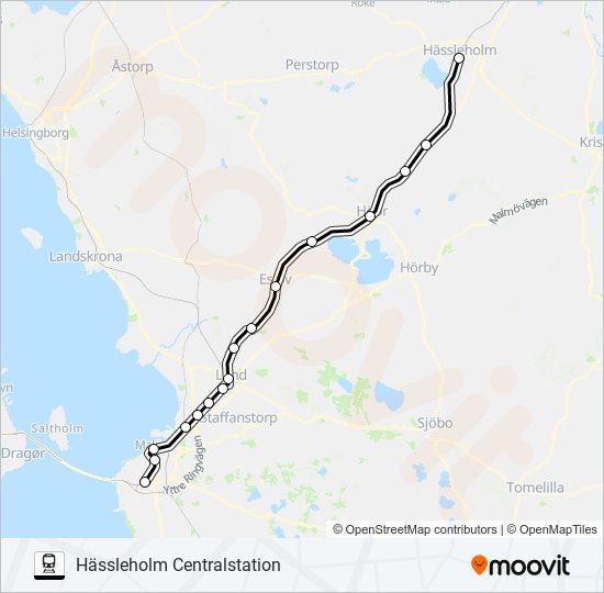 MALMÖ HYLLIE STATION - HÄSSLEHOLM CENTRALSTATION tåg Linje karta