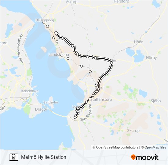 HELSINGBORG CENTRALSTATION - MALMÖ HYLLIE STATION tåg Linje karta