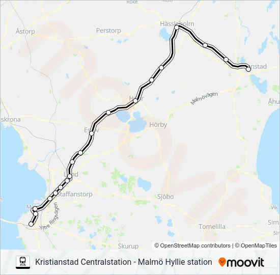 KRISTIANSTAD CENTRALSTATION - MALMÖ HYLLIE STATION Train Line Map