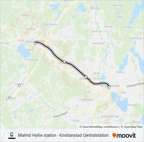 MALMÖ HYLLIE STATION - KRISTIANSTAD CENTRALSTATION tåg Linje karta