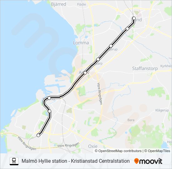 MALMÖ HYLLIE STATION - KRISTIANSTAD CENTRALSTATION tåg Linje karta