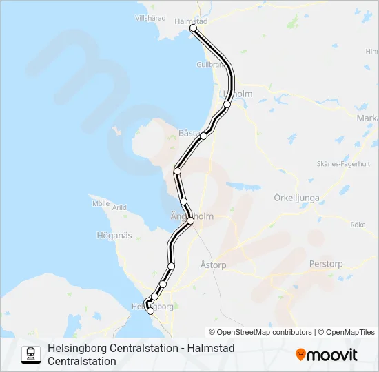 HELSINGBORG CENTRALSTATION - HALMSTAD CENTRALSTATION Train Line Map