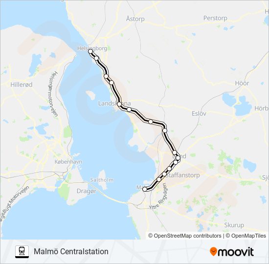 HELSINGBORG CENTRALSTATION - TRELLEBORG CENTRALSTATION tåg Linje karta