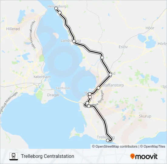 HELSINGBORG CENTRALSTATION - TRELLEBORG CENTRALSTATION Train Line Map
