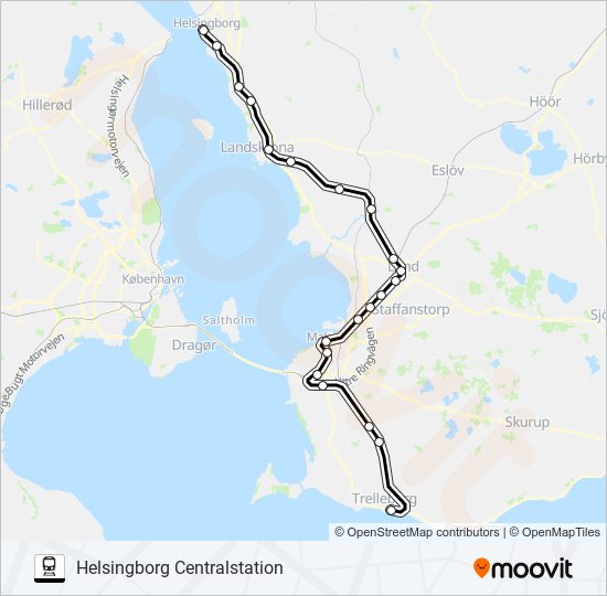 TRELLEBORG CENTRALSTATION - HELSINGBORG CENTRALSTATION tåg Linje karta