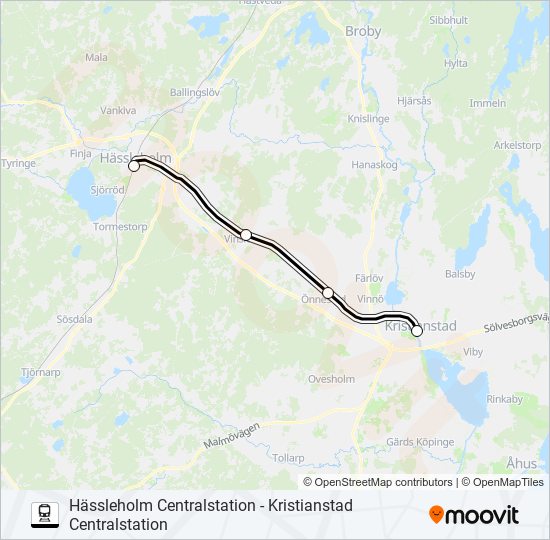 HÄSSLEHOLM CENTRALSTATION - KRISTIANSTAD CENTRALSTATION tåg Linje karta