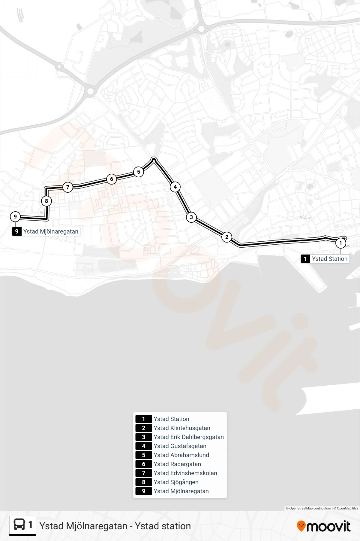 Rutt och hållplatser på karta för linje 1 spårvagn, (Ystad Mjölnaregatan)