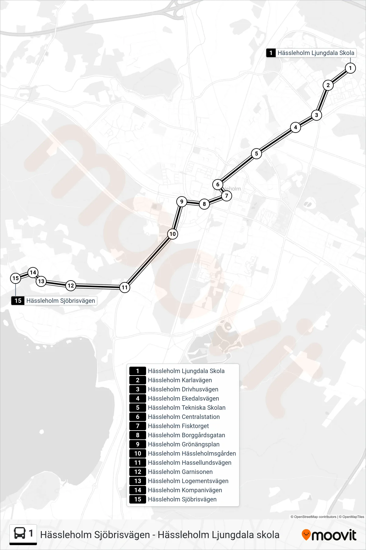 Rutt och hållplatser på karta för linje 1 spårvagn, (Hässleholm Sjöbrisvägen)
