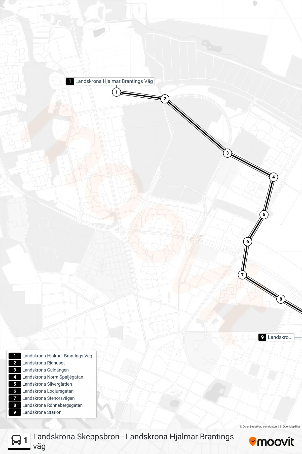 Rutt och hållplatser på karta för linje 1 spårvagn, (Landskrona Station)