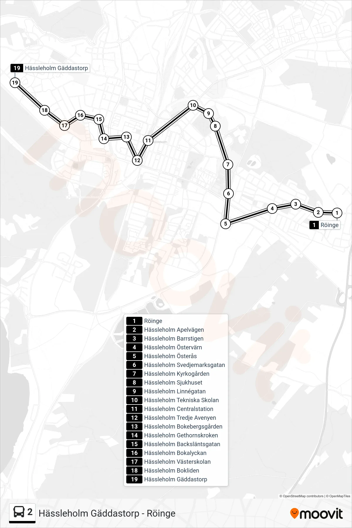 Rutt och hållplatser på karta för linje 2 spårvagn, (Hässleholm Gäddastorp)