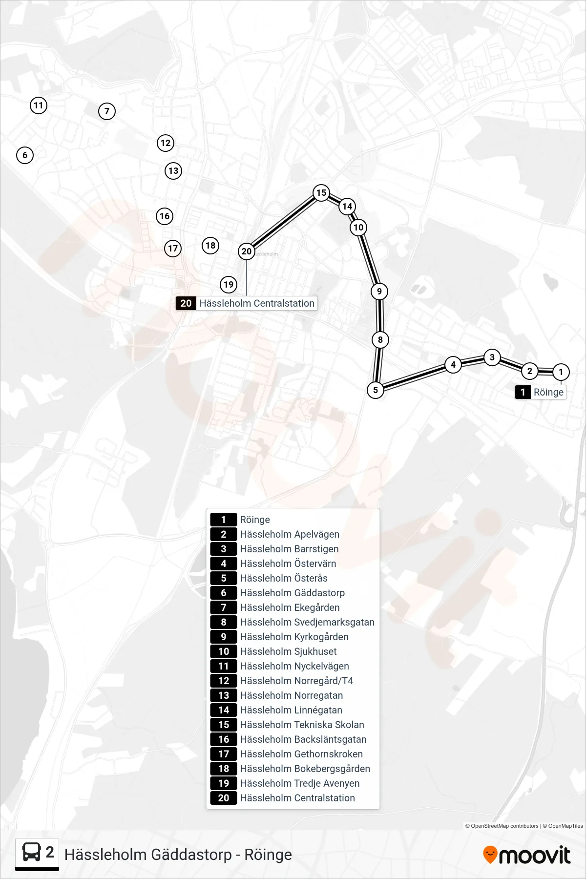 Rutt och hållplatser på karta för linje 2 spårvagn, (Hässleholm Centralstation)