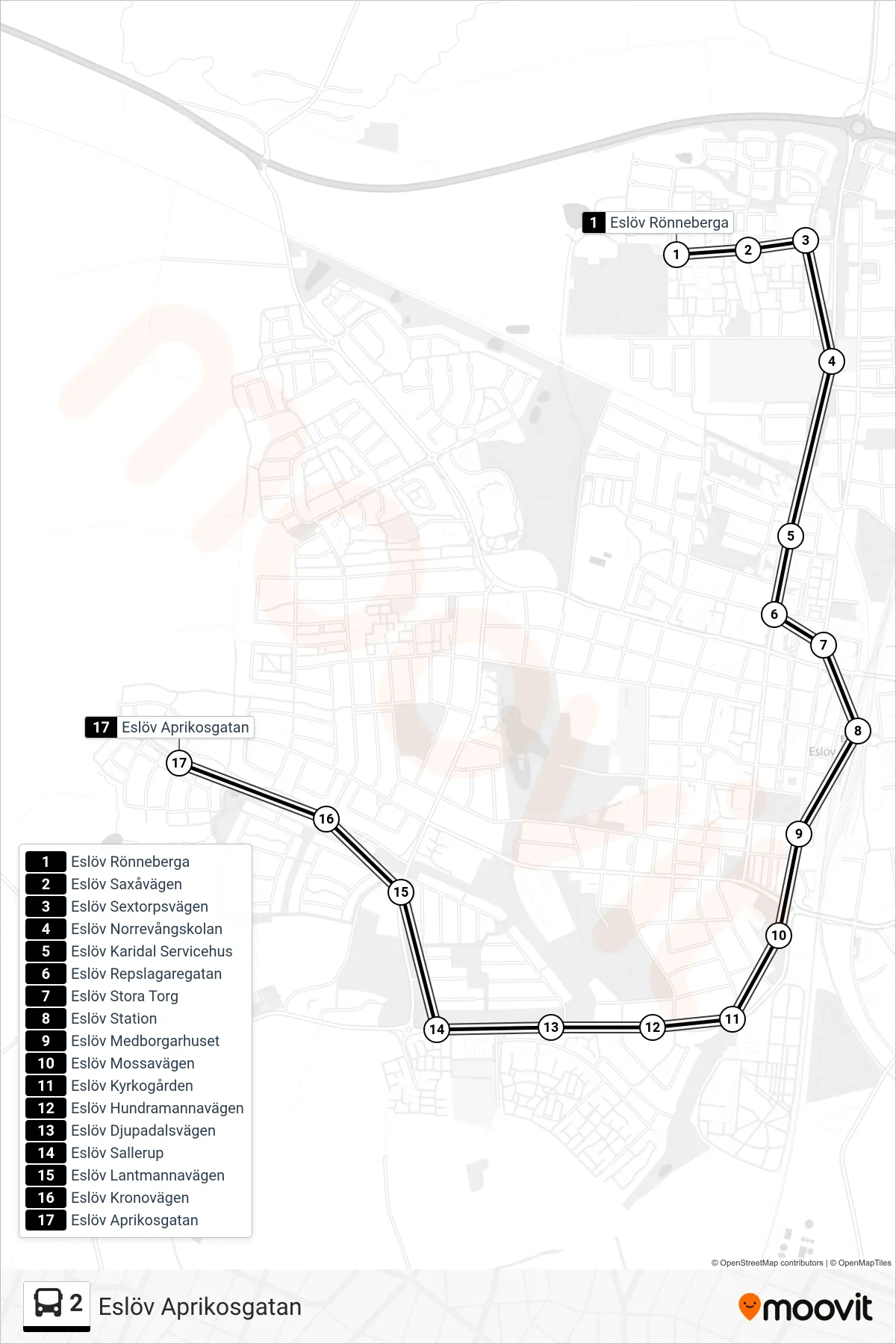 Rutt och hållplatser på karta för linje 2 spårvagn, (Eslöv Aprikosgatan)