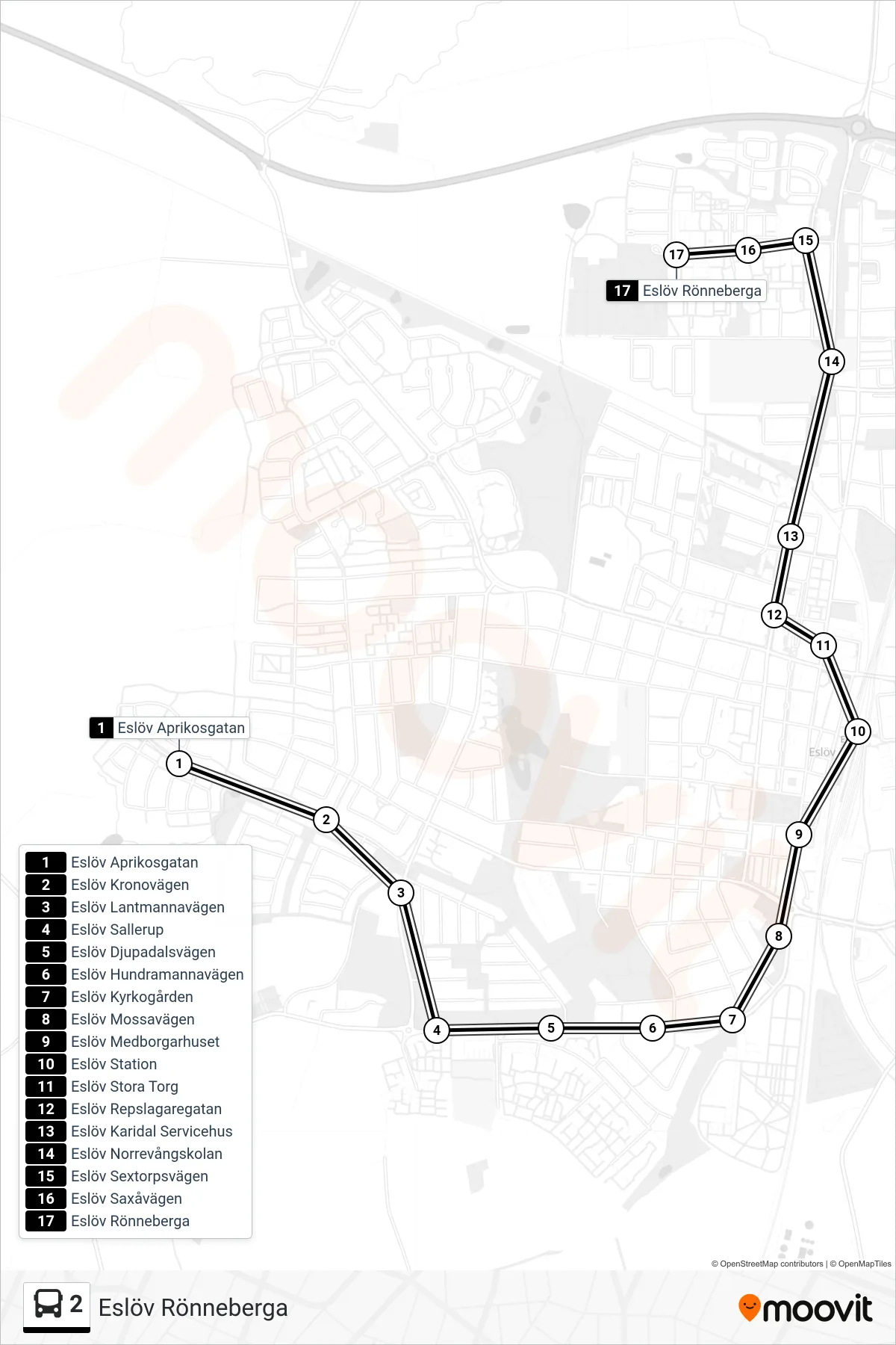 Rutt och hållplatser på karta för linje 2 spårvagn, (Eslöv Rönneberga)