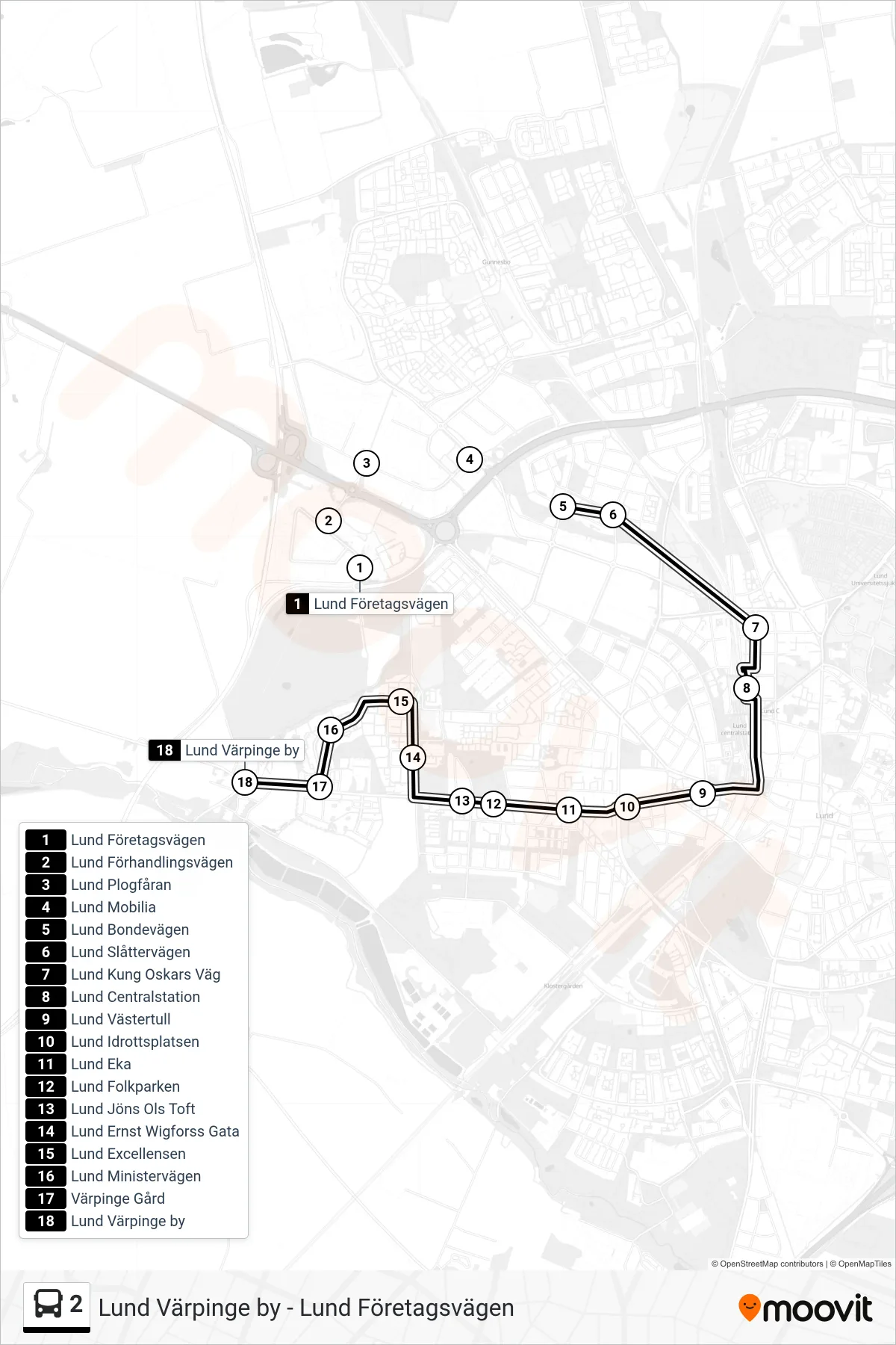 Rutt och hållplatser på karta för linje 2 spårvagn, (Lund Värpinge by)