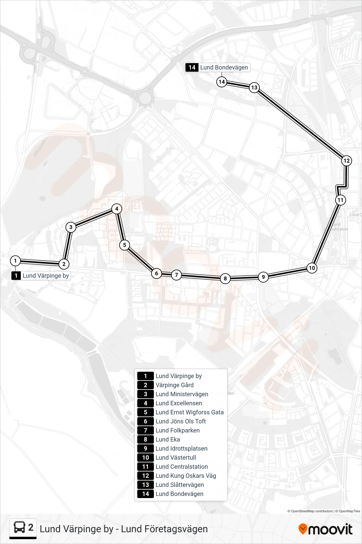 Rutt och hållplatser på karta för linje 2  spårvagn, (Lund Bondevägen)