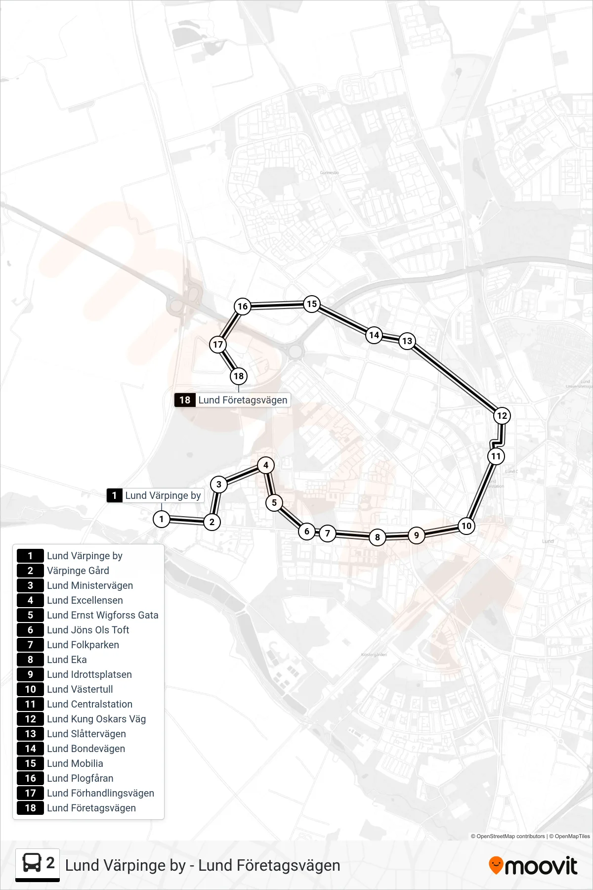 Rutt och hållplatser på karta för linje 2 spårvagn, (Lund Företagsvägen)