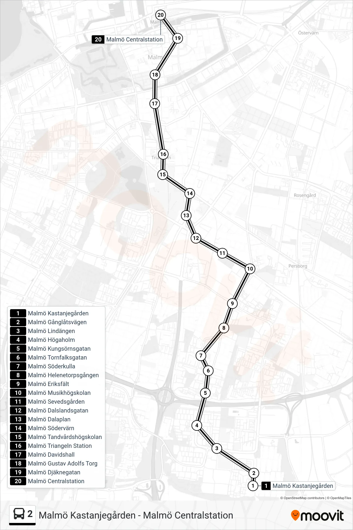 Rutt och hållplatser på karta för linje 2  spårvagn, (Malmö Centralstation)