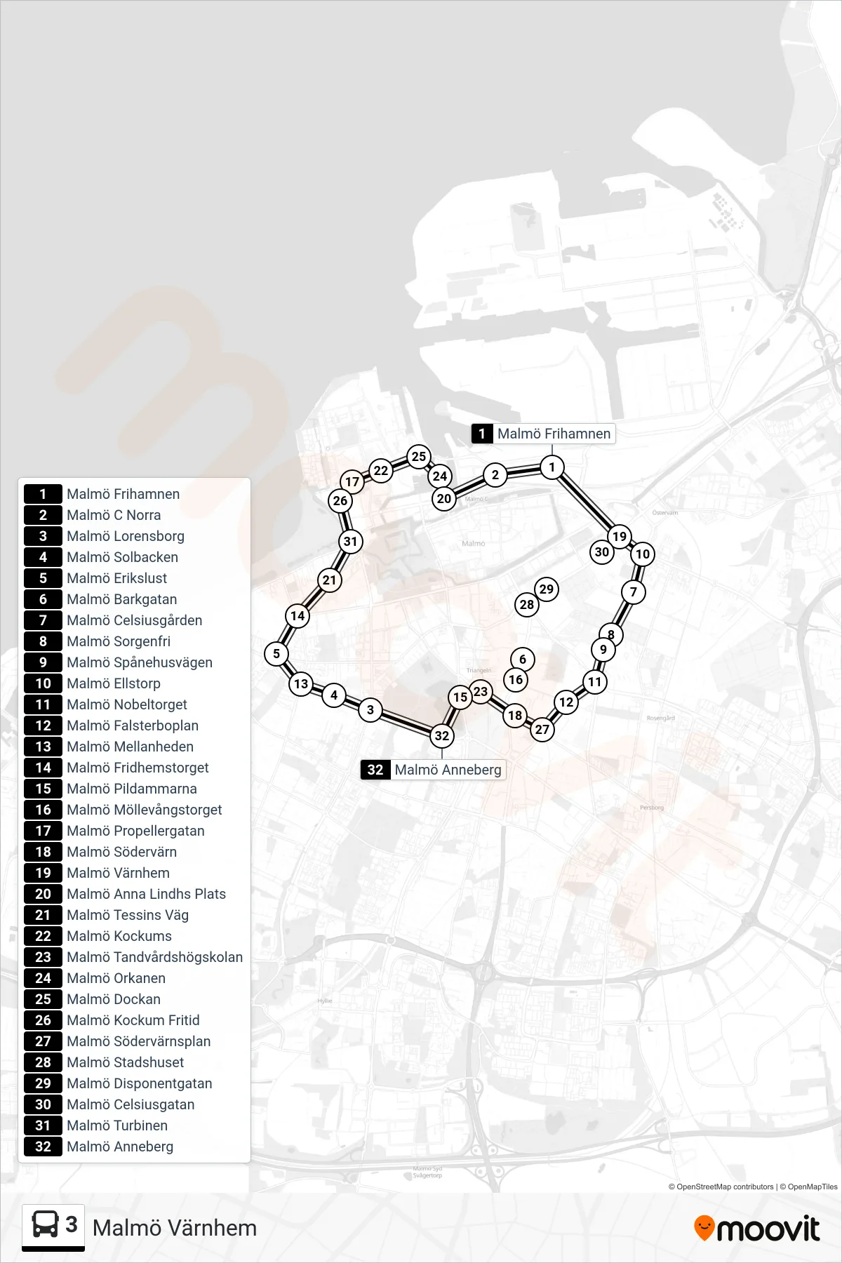 Rutt och hållplatser på karta för linje 3 spårvagn, (Malmö Värnhem)