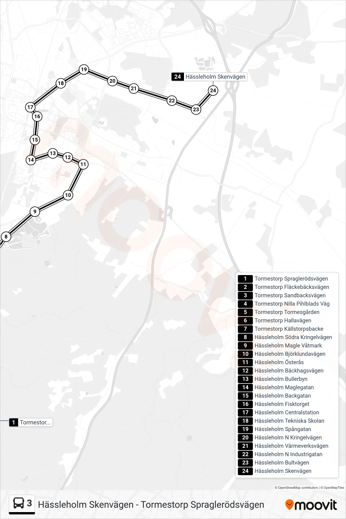 Rutt och hållplatser på karta för linje 3  spårvagn, (Hässleholm Skenvägen)