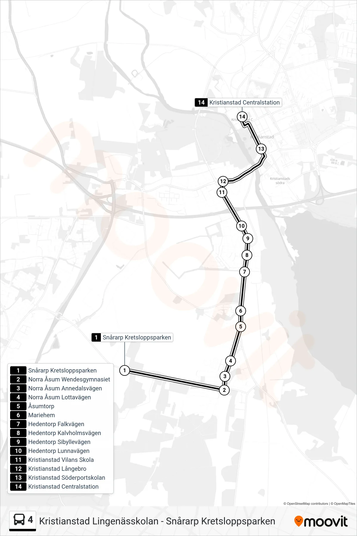 Rutt och hållplatser på karta för linje 4 spårvagn, (Kristianstad Centralstation)