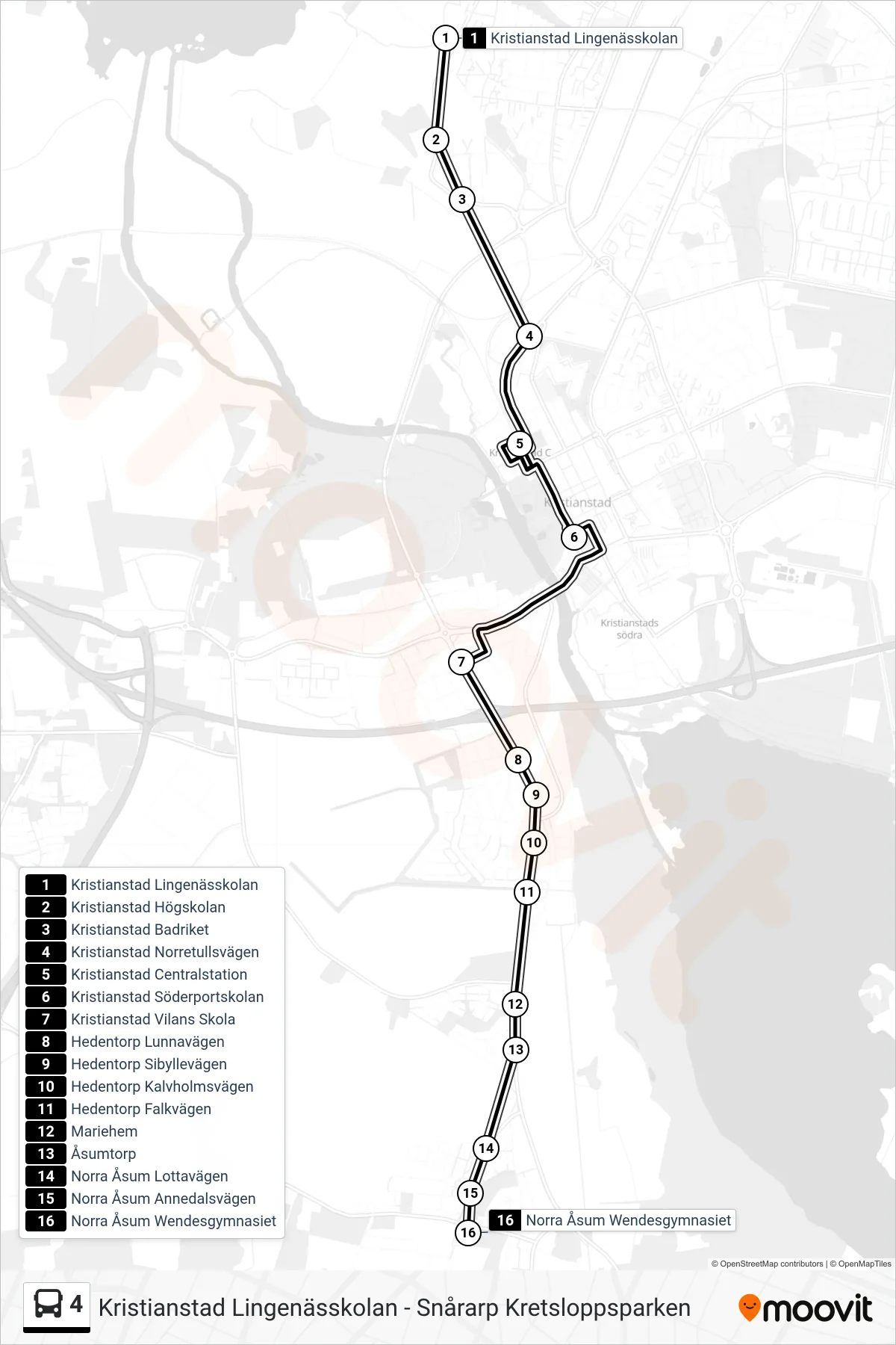 Rutt och hållplatser på karta för linje 4 spårvagn, (Norra Åsum Wendesgymnasiet)