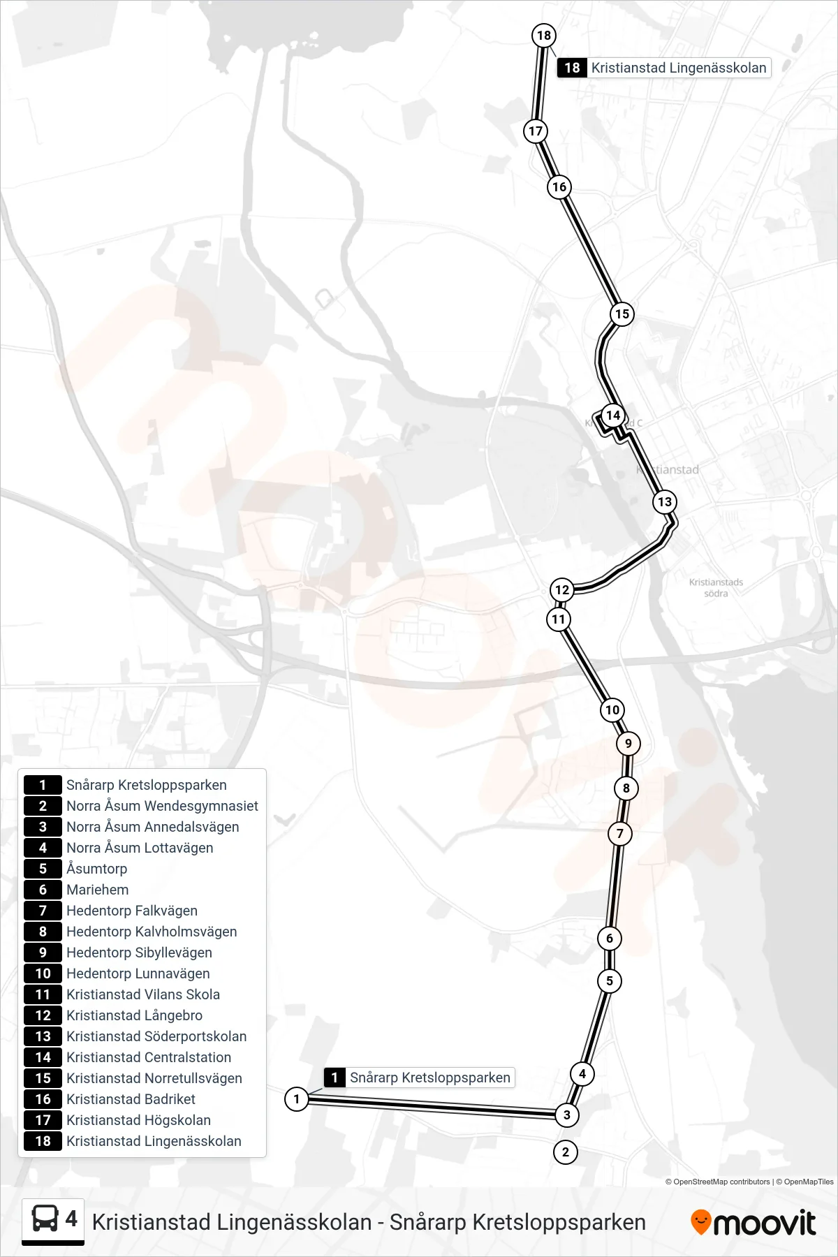 Rutt och hållplatser på karta för linje 4 spårvagn, (Kristianstad Lingenässkolan)