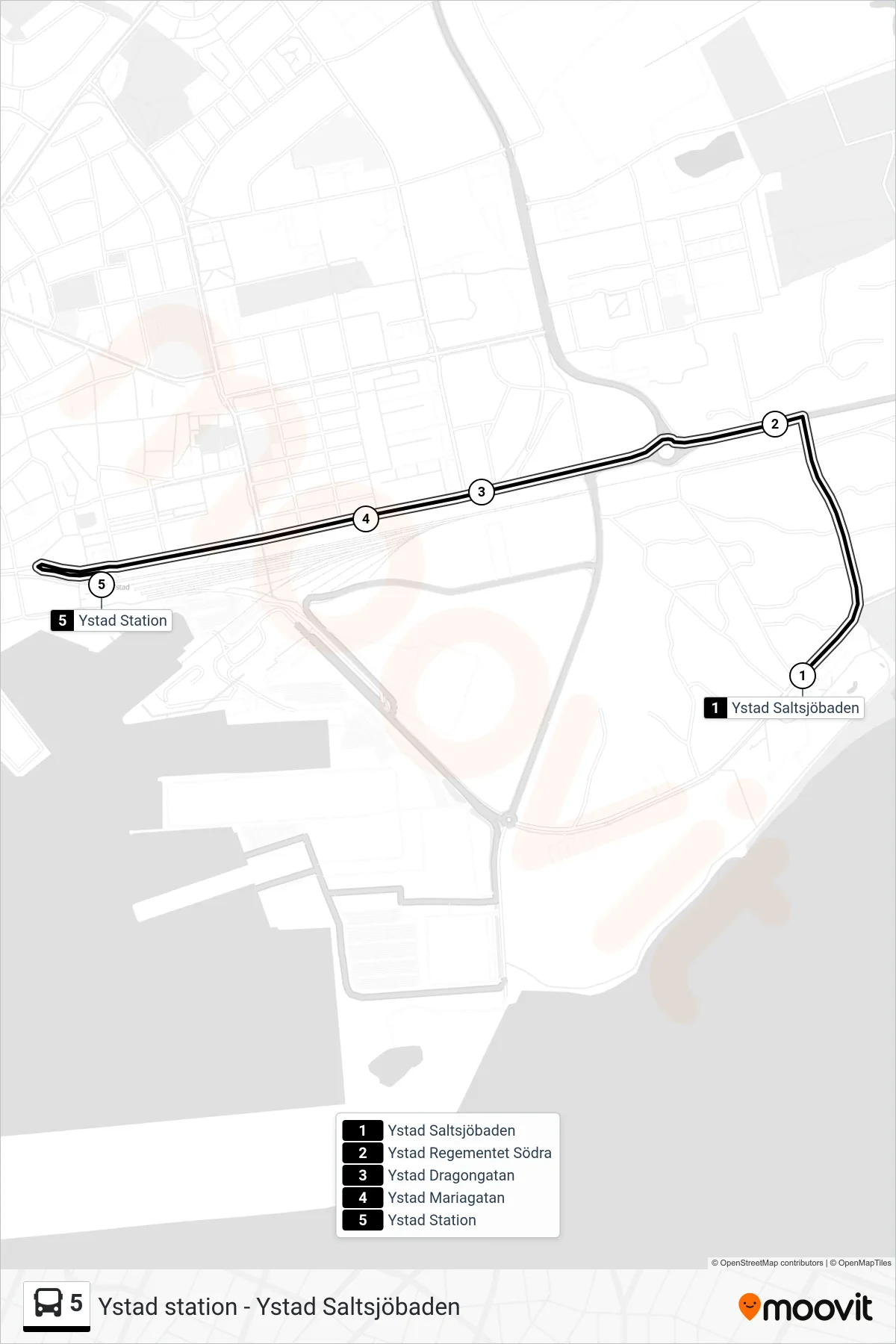 Rutt och hållplatser på karta för linje 5  spårvagn, (Ystad Station)