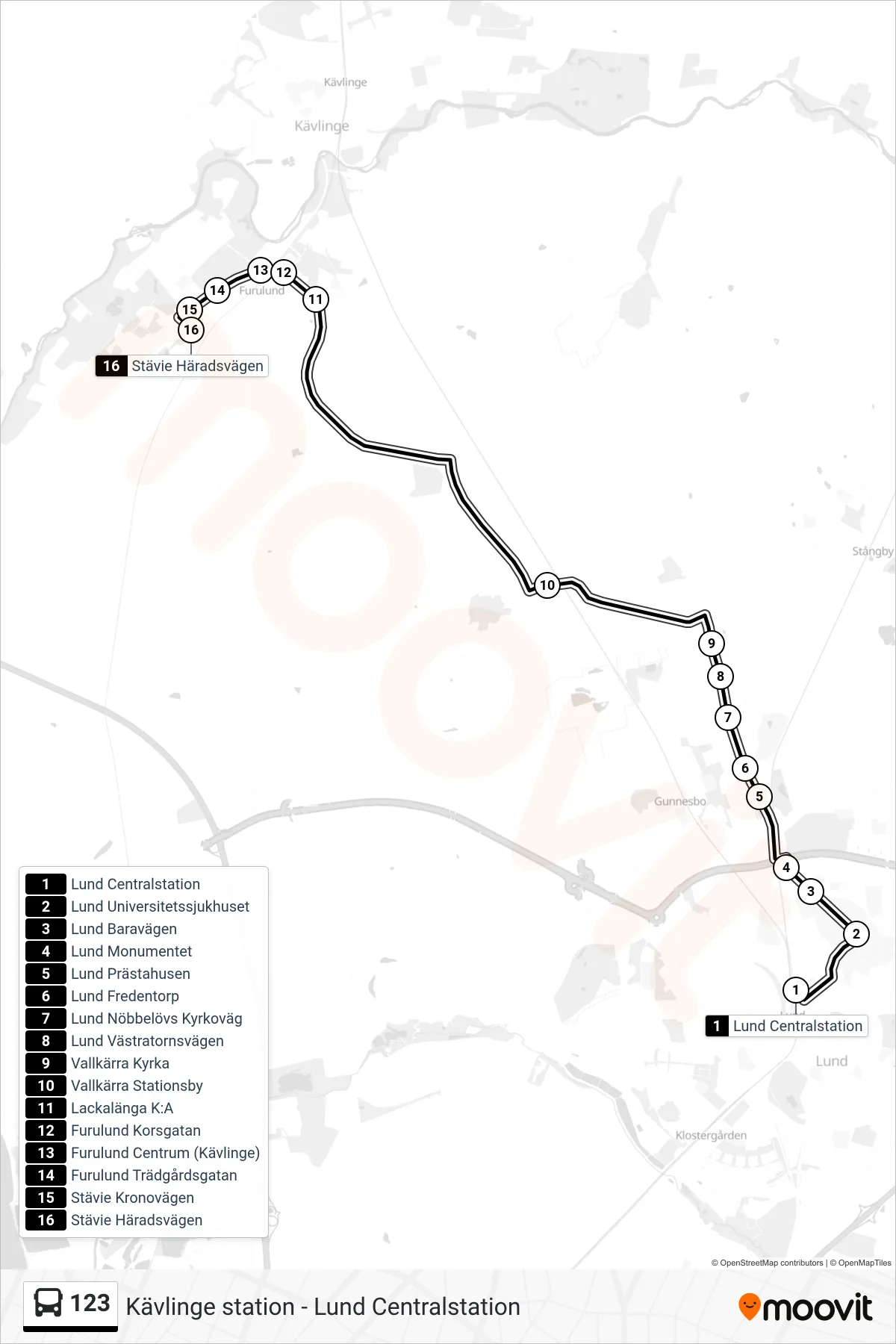 Rutt och hållplatser på karta för linje 123 spårvagn, (Stävie Häradsvägen)