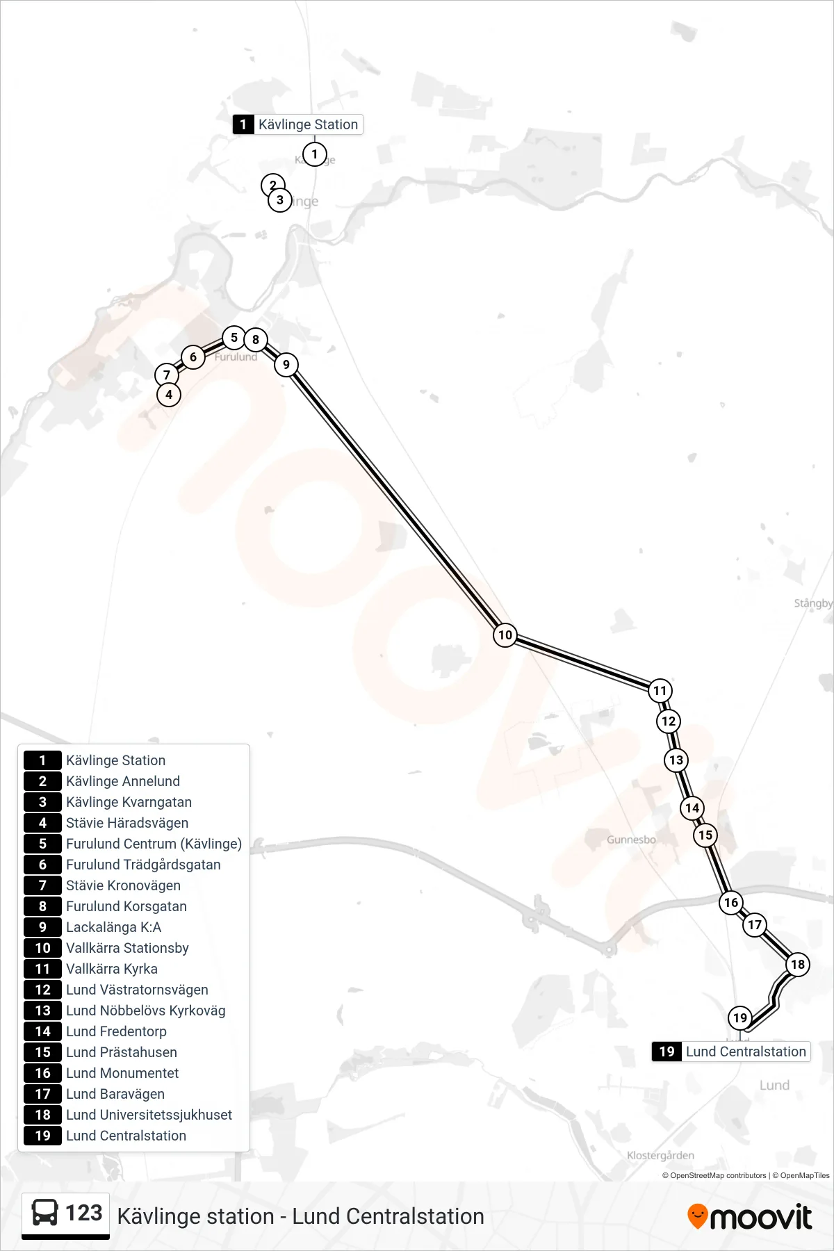 Rutt och hållplatser på karta för linje 123 spårvagn, (Lund Centralstation)