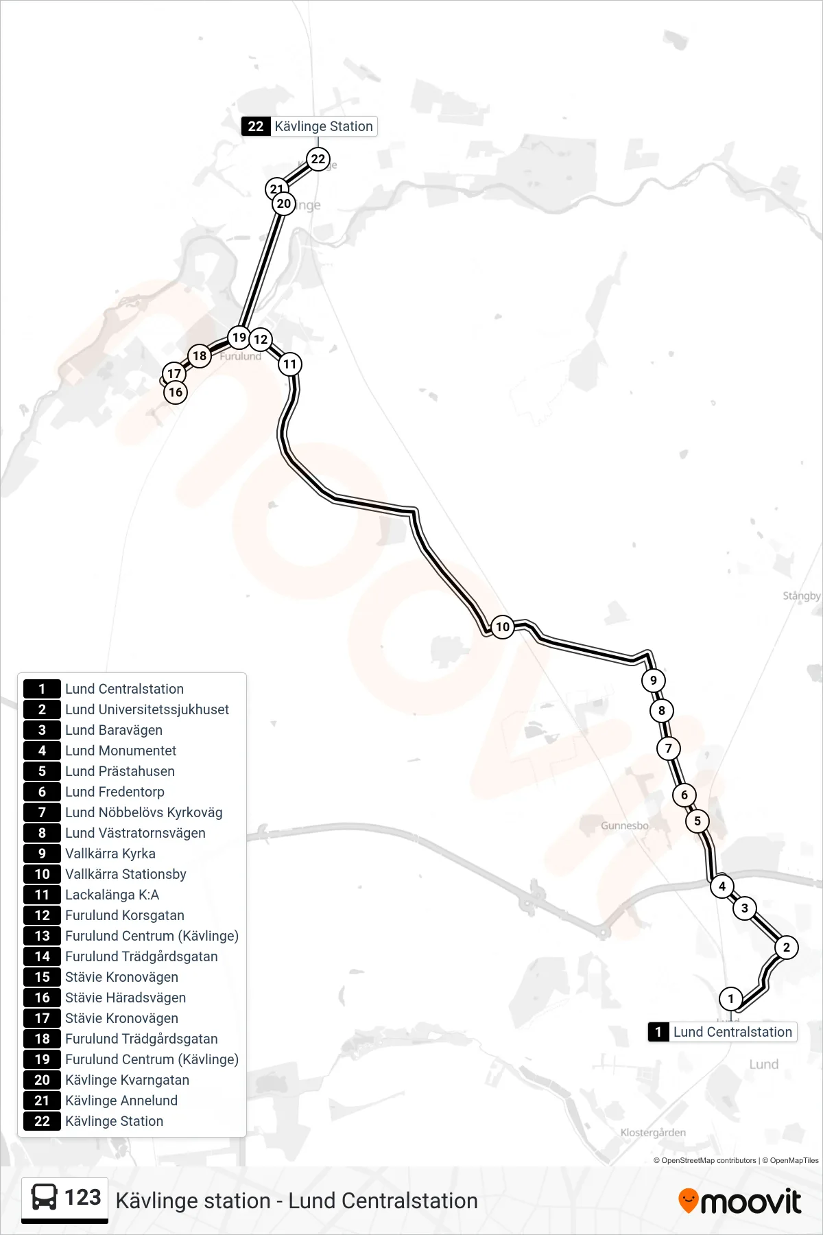 Rutt och hållplatser på karta för linje 123  spårvagn, (Kävlinge Station)