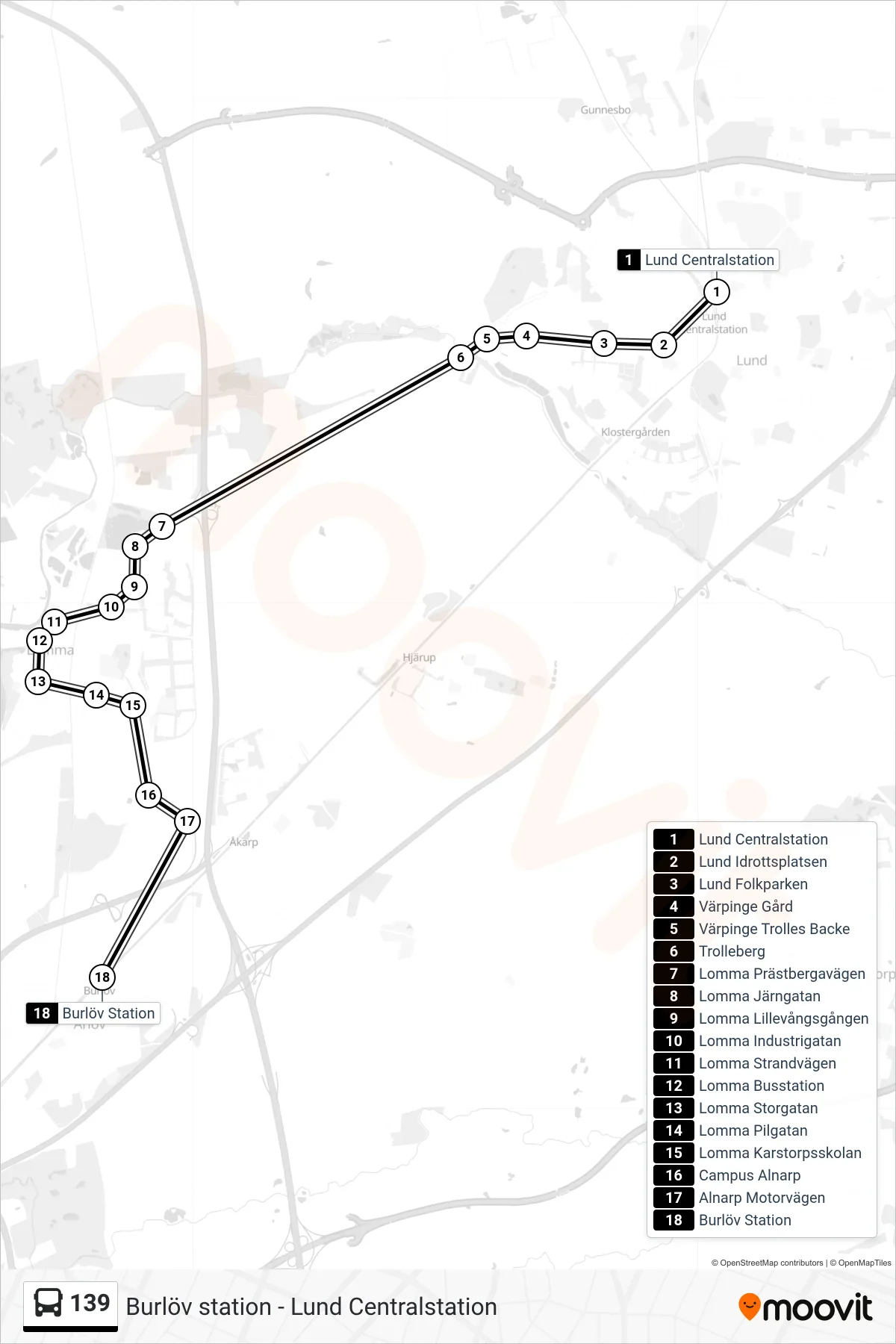 Rutt och hållplatser på karta för linje 139 spårvagn, (Burlöv Station)