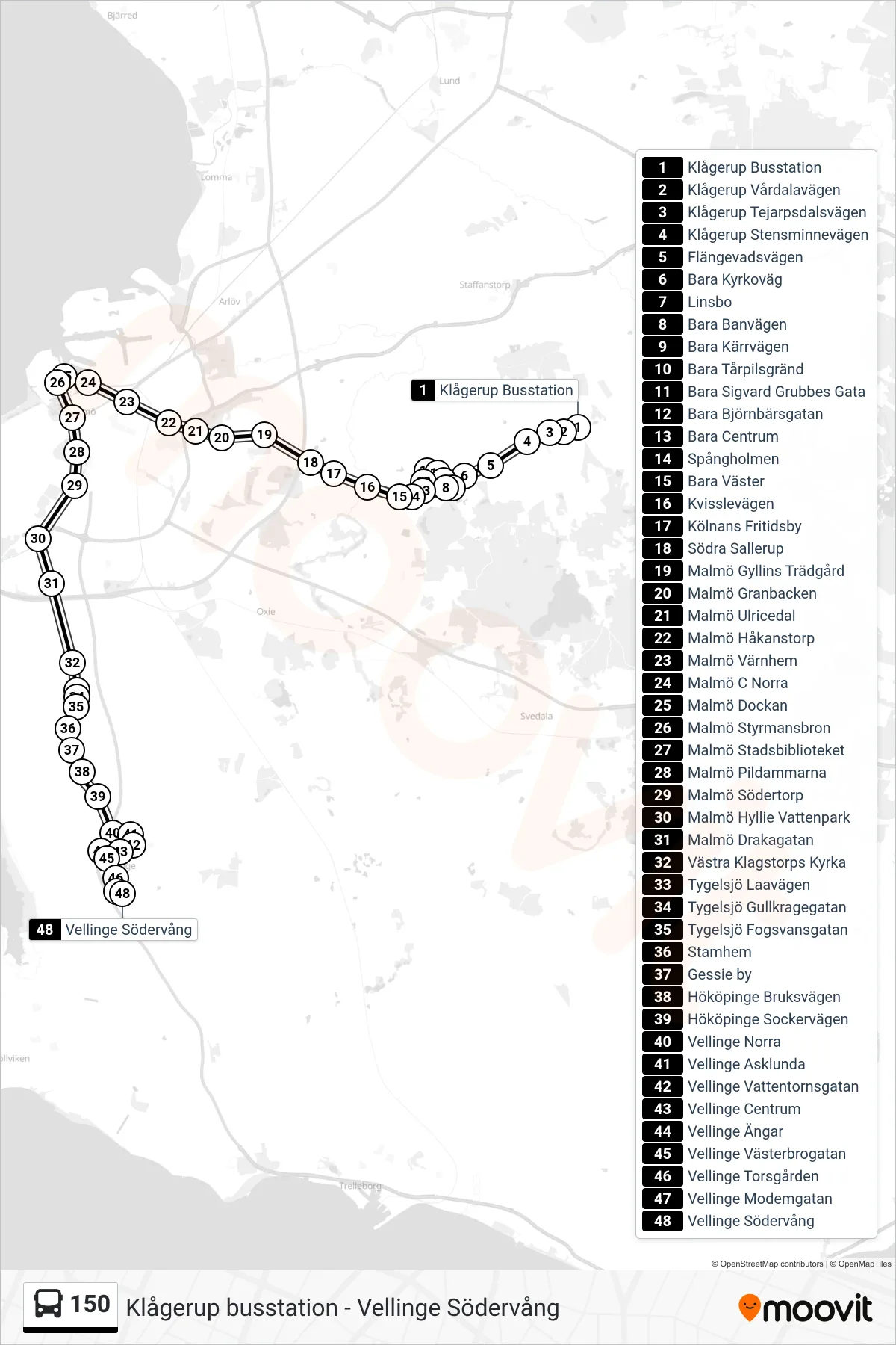 Rutt och hållplatser på karta för linje 150  spårvagn, (Vellinge Södervång)