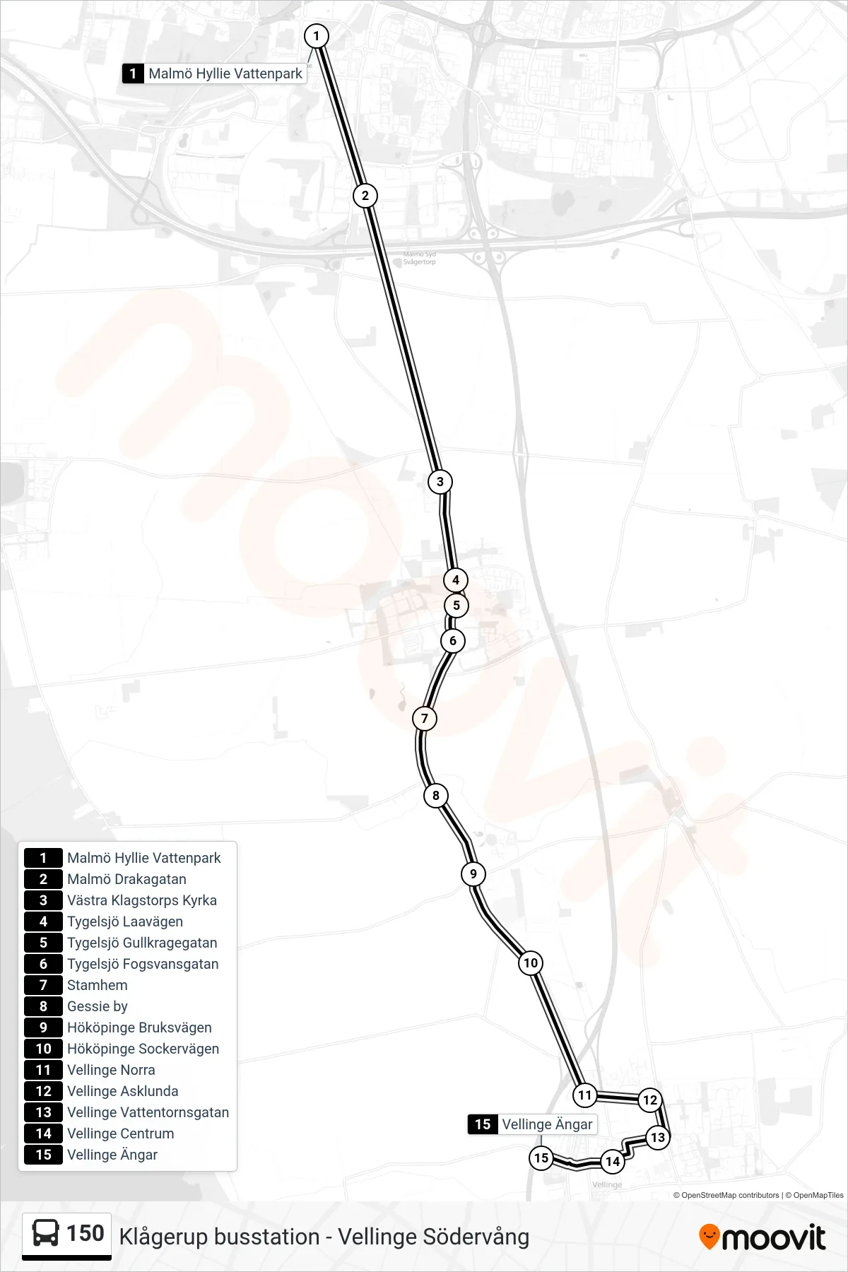 Rutt och hållplatser på karta för linje 150 spårvagn, (Vellinge Ängar)
