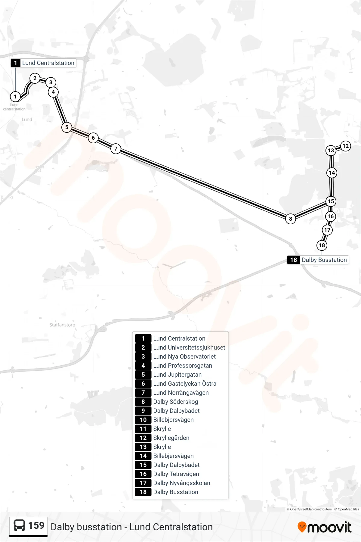 Rutt och hållplatser på karta för linje 159 spårvagn, (Dalby Busstation)