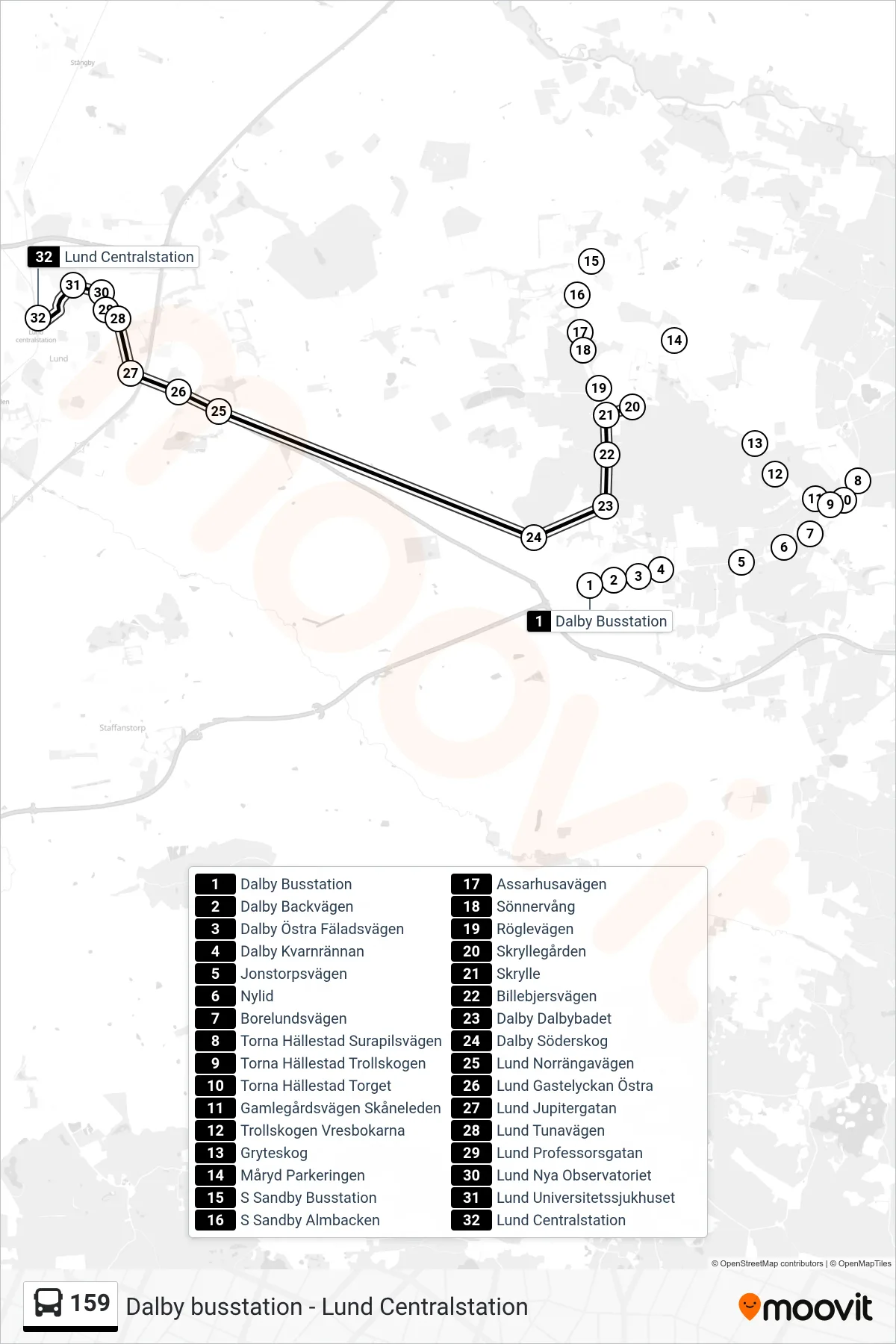 Rutt och hållplatser på karta för linje 159 spårvagn, (Lund Centralstation)