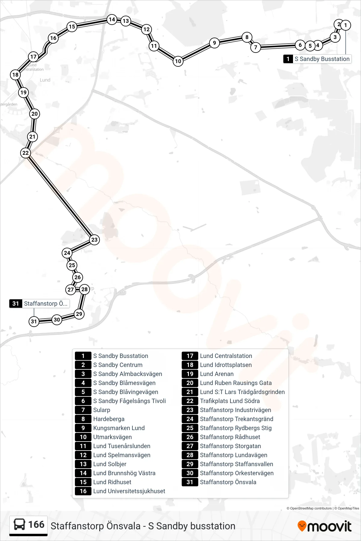 Rutt och hållplatser på karta för linje 166 spårvagn, (Staffanstorp Önsvala)